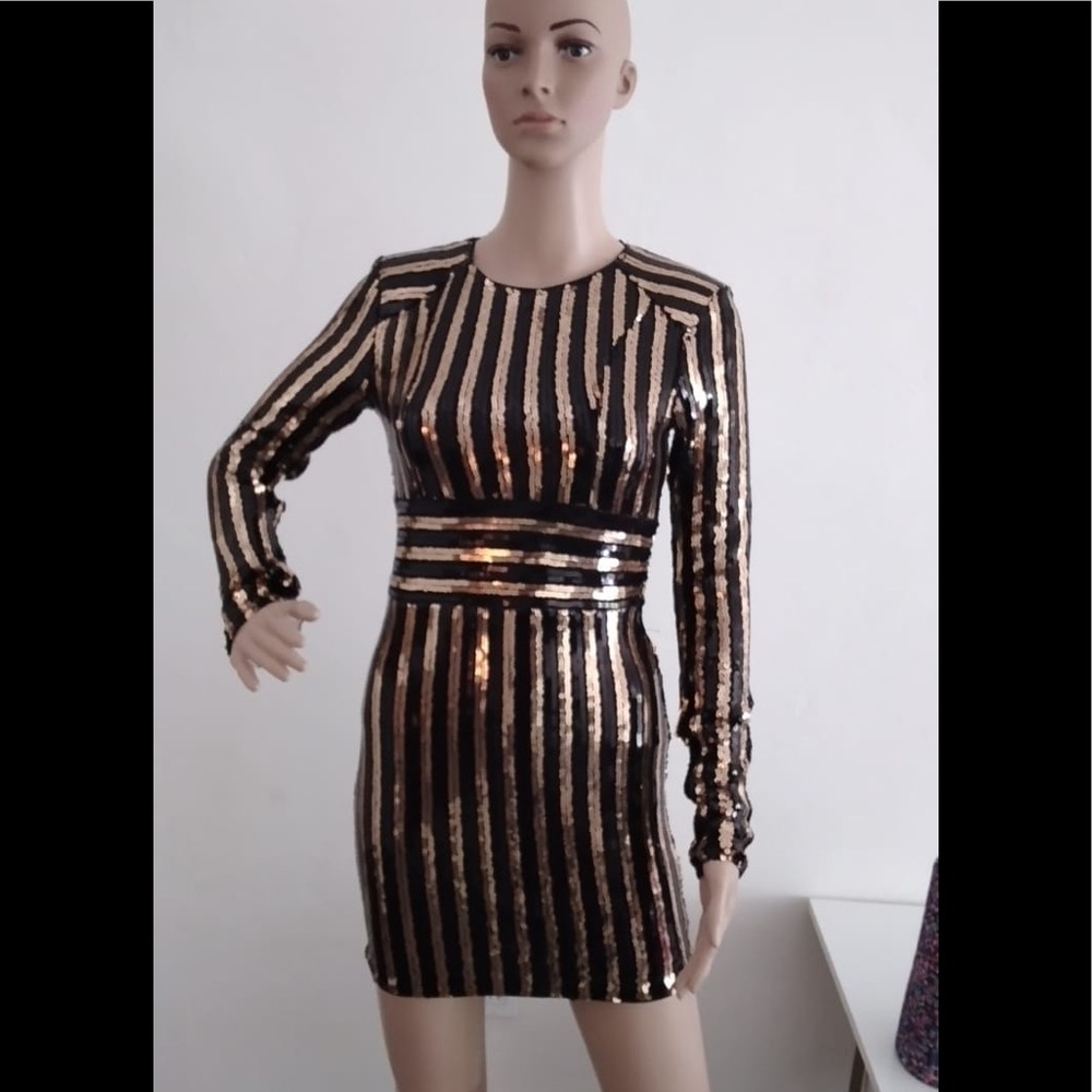 Gold black sequins striped sleeve cocktail dress